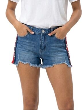Blue Republic ClassicDenim Jean Shorts with Red Side Stripe W/ Pearl Beads